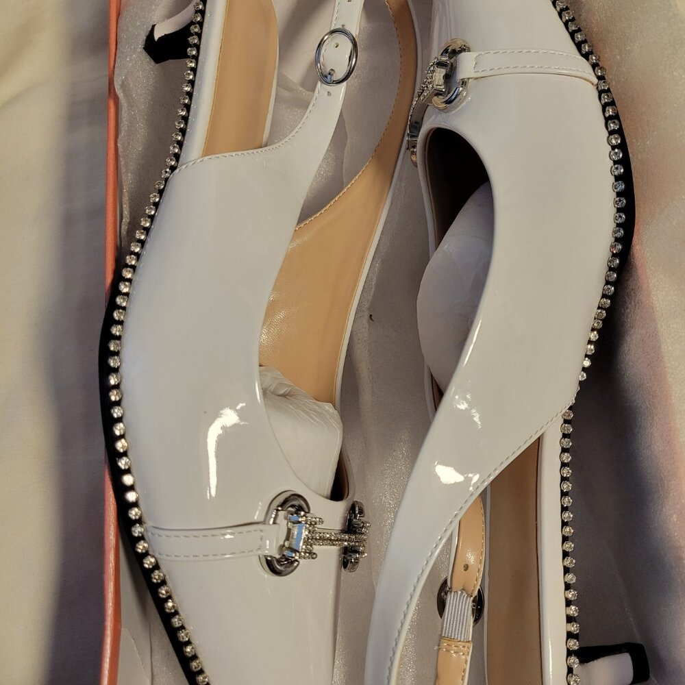 Women Slingbacks Kitten Heel Closed Pointed Toe Beaded Rhinestone Pump